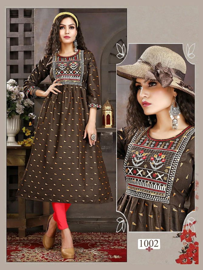 Riyaa Avni 1001 Heavy Cotton Printed Ethnic Wear Embroidery Kurti Collection